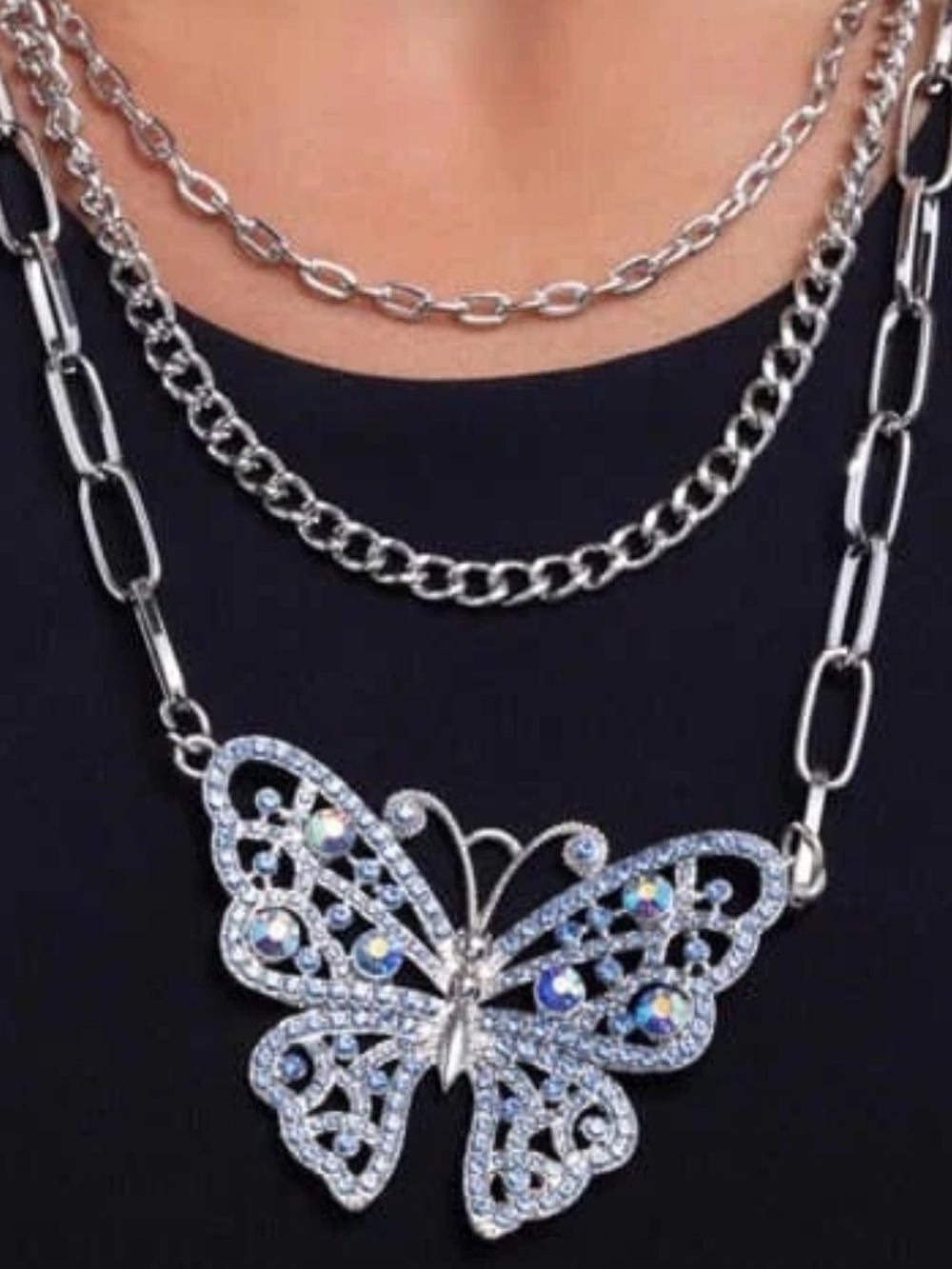 Silver Butterfly Necklace with Blue and Iridescent Crystals - Picture 2 of 3
